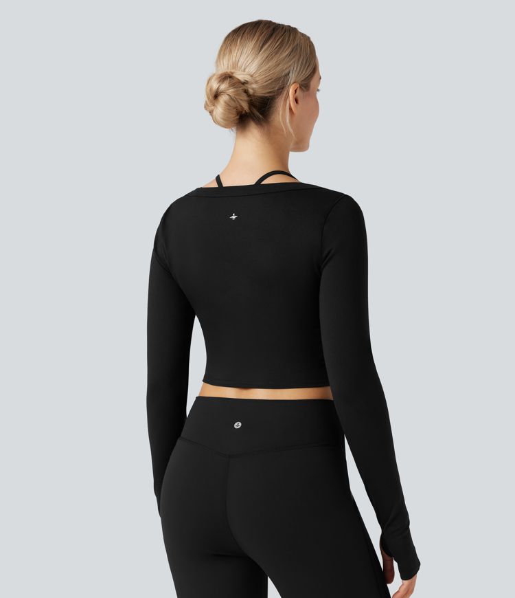 U-Neck Long Sleeve Thumb Holes Cropped Yoga Sports Top