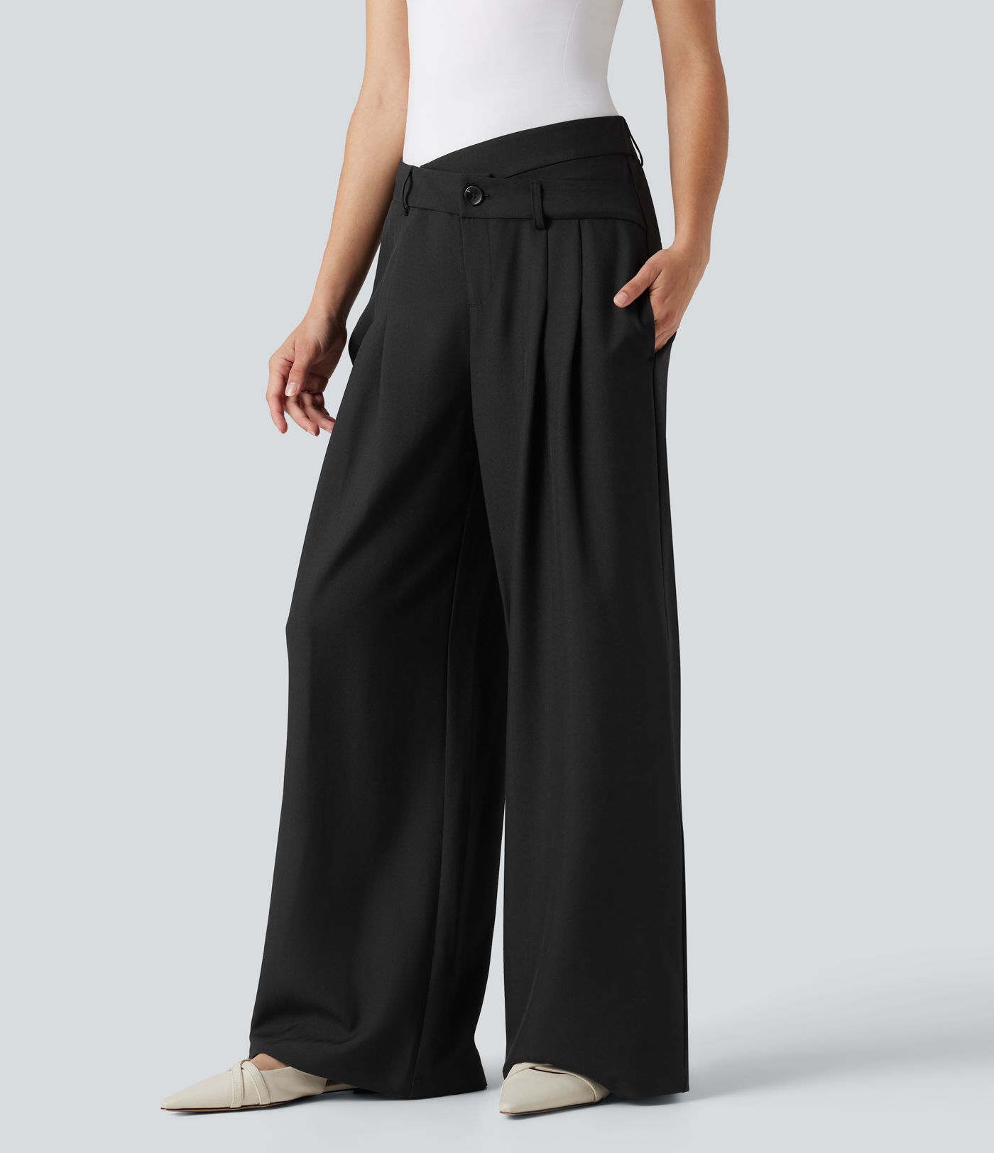 Wrinkle-resistant High Waisted Crossover Wide Leg Suit Work Linen-Feel Pants with Pockets