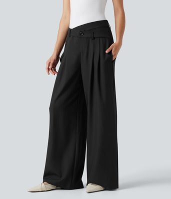 Wrinkle-resistant High Waisted Crossover Wide Leg Suit Work Linen-Feel Pants with Pockets
