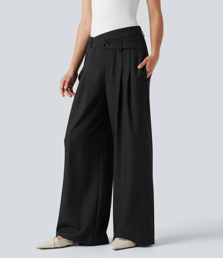 Wrinkle-resistant High Waisted Crossover Wide Leg Suit Work Linen-Feel Pants with Pockets