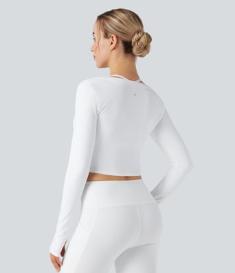 U-Neck Long Sleeve Thumb Holes Cropped Yoga Sports Top