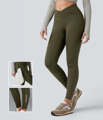Legging de randonnée 7/8 résistant à l'usure taille haute croisée réfléchissant avec poche