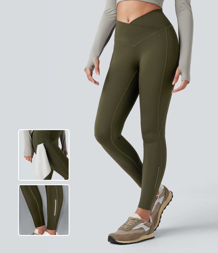 Wear-Resistant Reflective Crossover High Waisted Hiking 7/8 Leggings with Pocket