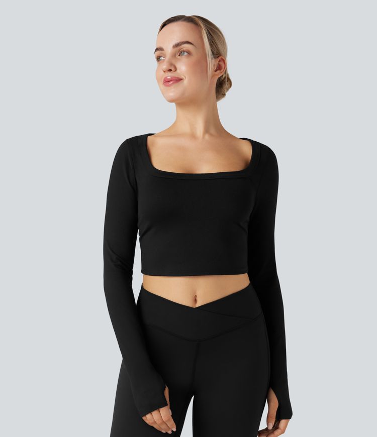 U-Neck Long Sleeve Thumb Holes Cropped Yoga Sports Top