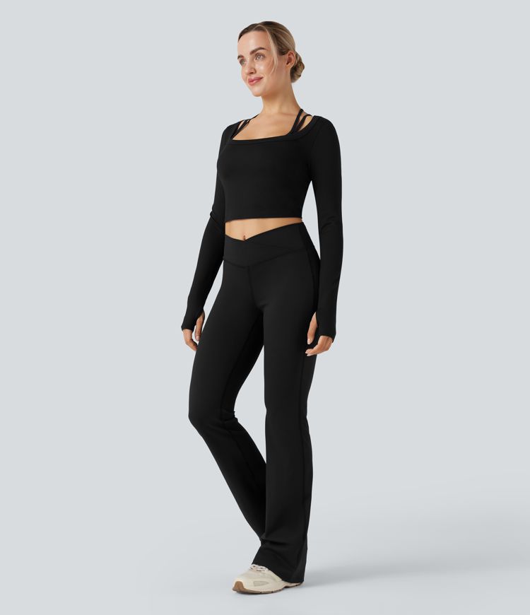 U-Neck Long Sleeve Thumb Holes Cropped Yoga Sports Top