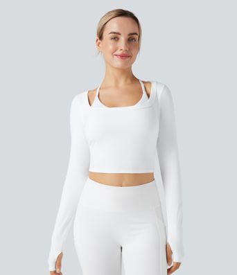 U-Neck Long Sleeve Thumb Holes Cropped Yoga Sports Top