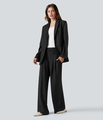 Wrinkle-resistant High Waisted Crossover Wide Leg Suit Work Linen-Feel Pants with Pockets