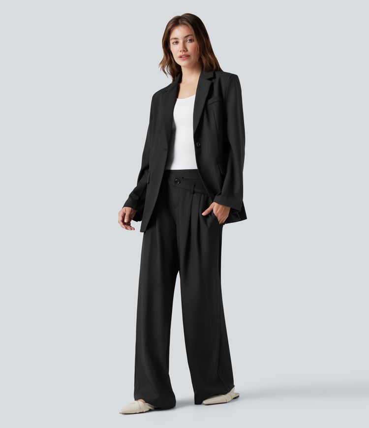 Wrinkle-resistant High Waisted Crossover Wide Leg Suit Work Linen-Feel Pants with Pockets