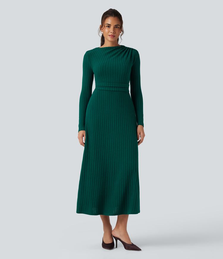 Vestido midi casual de punto acanalado de manga larga con bolsillos