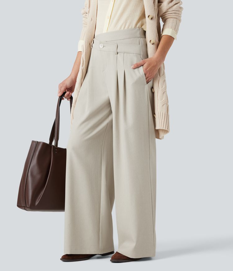 Wide fluid crease-resistant tailored trousers high waist crossed linen look with pockets