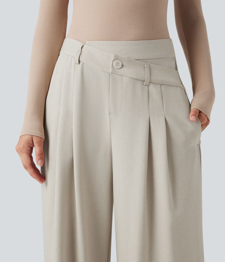 Wide fluid crease-resistant tailored trousers high waist crossed linen look with pockets