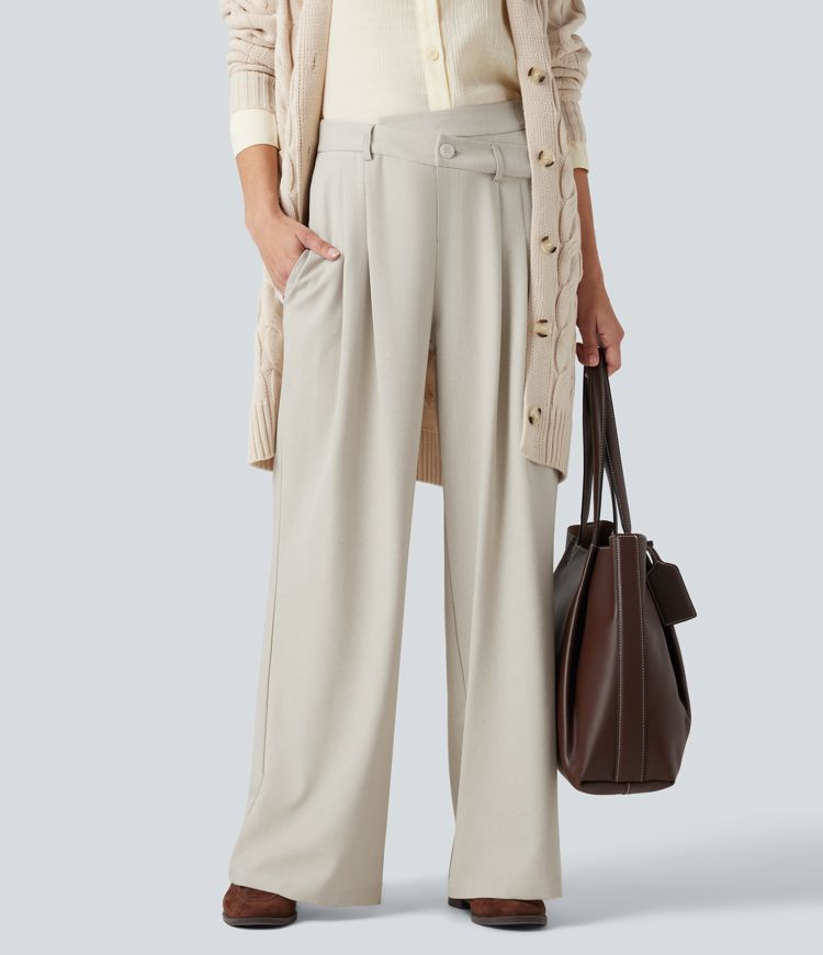 Wide fluid crease-resistant tailored trousers high waist crossed linen look with pockets