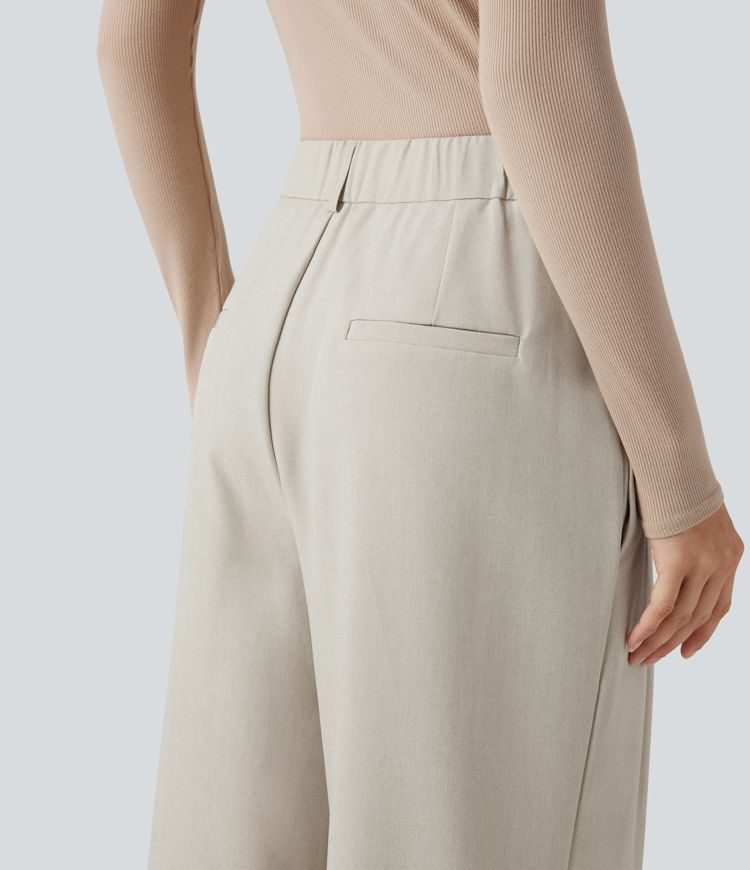 Wide fluid crease-resistant tailored trousers high waist crossed linen look with pockets