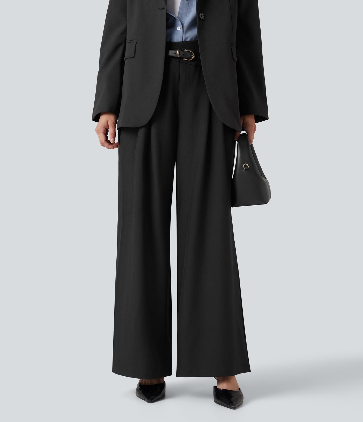 Wrinkle-resistant High Waisted Crossover Wide Leg Suit Work Linen-Feel Pants with Pockets