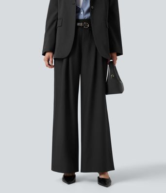 Wrinkle-resistant High Waisted Crossover Wide Leg Suit Work Linen-Feel Pants with Pockets