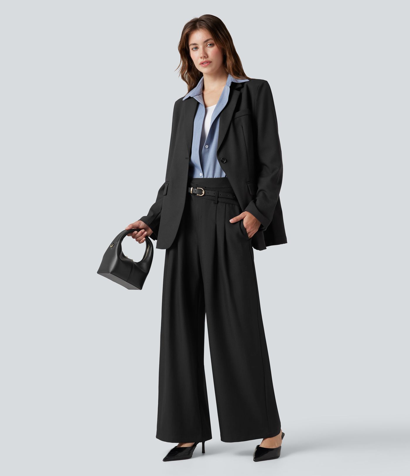Wrinkle-resistant High Waisted Crossover Wide Leg Suit Work Linen-Feel Pants with Pockets