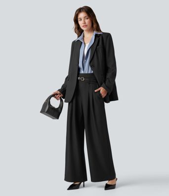 Wrinkle-resistant High Waisted Crossover Wide Leg Suit Work Linen-Feel Pants with Pockets