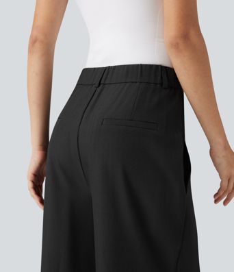 Wrinkle-resistant High Waisted Crossover Wide Leg Suit Work Linen-Feel Pants with Pockets