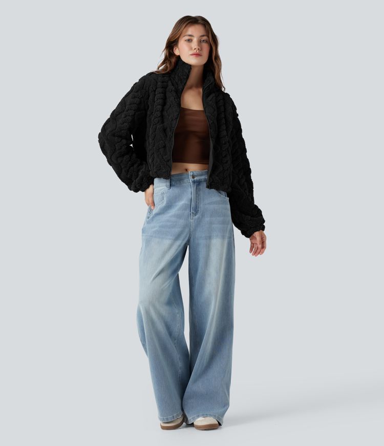 Veste sherpa col montant avec fermeture éclair et poches