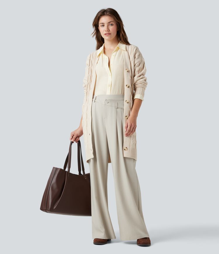 Wide fluid crease-resistant tailored trousers high waist crossed linen look with pockets