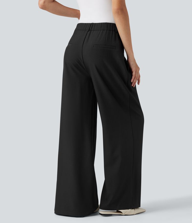 Wrinkle-resistant High Waisted Crossover Wide Leg Suit Work Linen-Feel Pants with Pockets