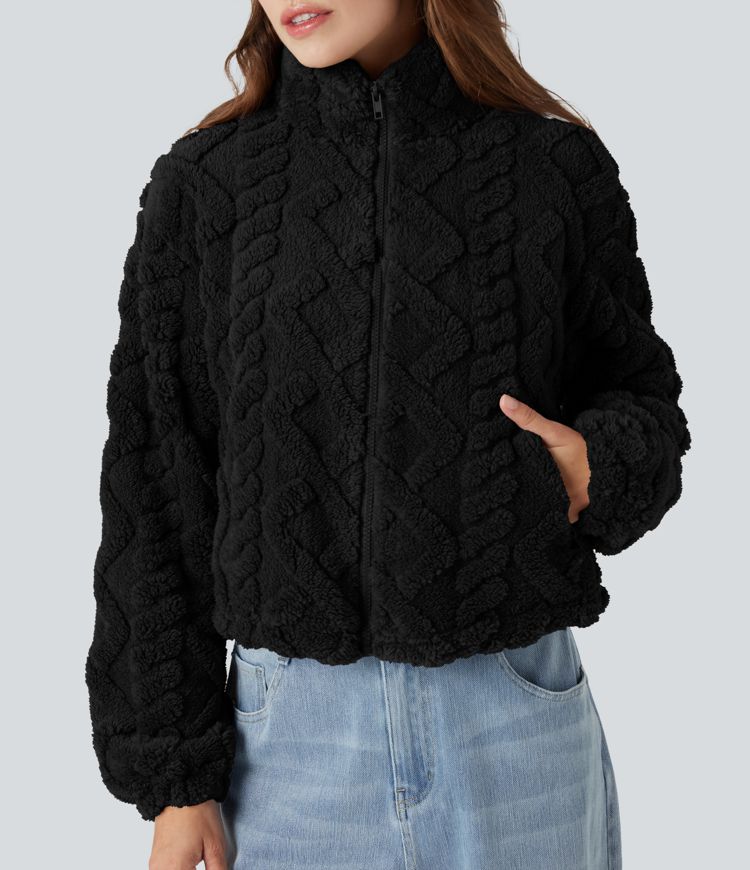 Veste sherpa col montant avec fermeture éclair et poches