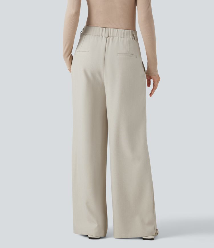 Wide fluid crease-resistant tailored trousers high waist crossed linen look with pockets