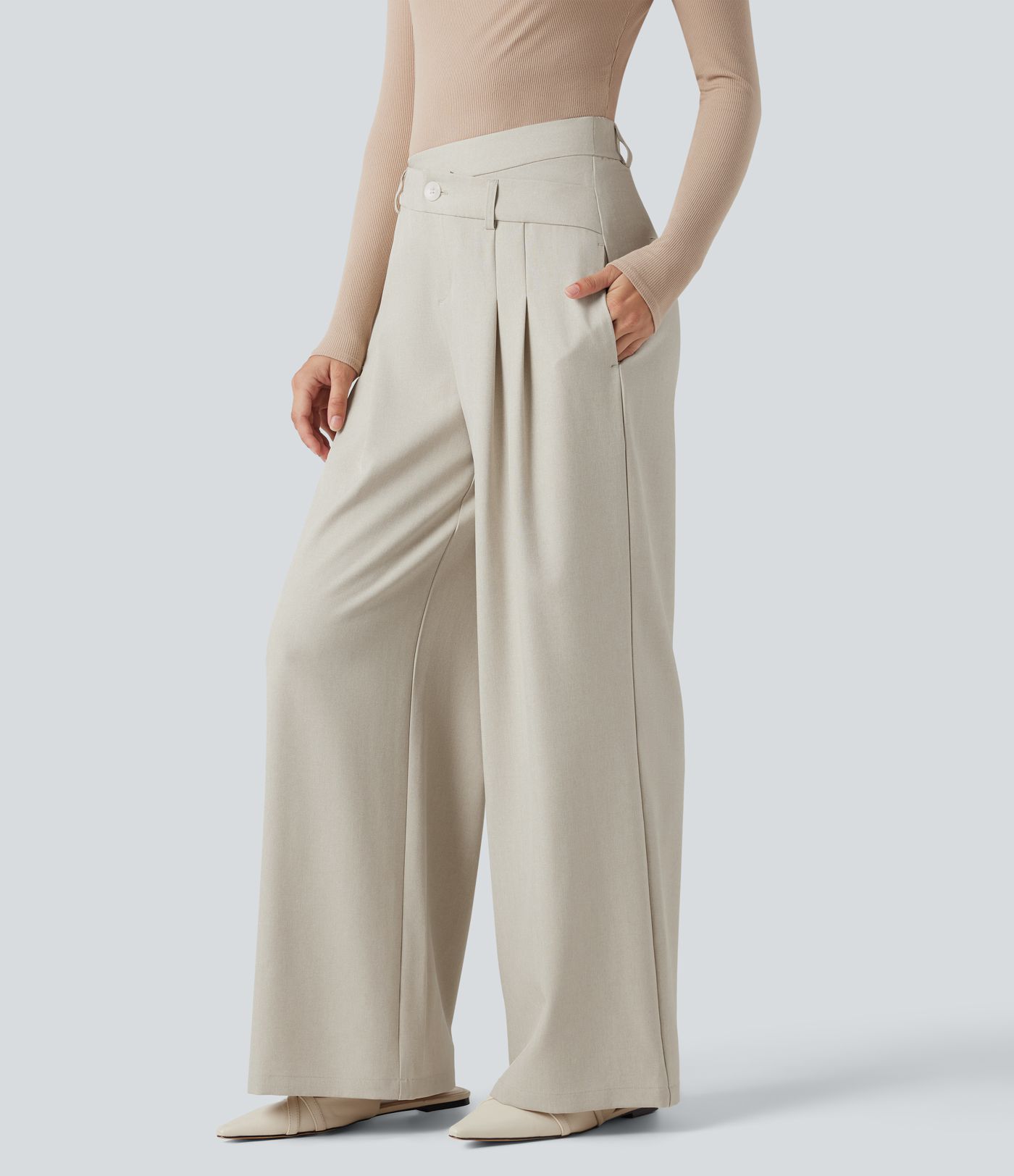 Pantalon tailleur large fluide anti-froissement taille haute croisé aspect lin avec poches