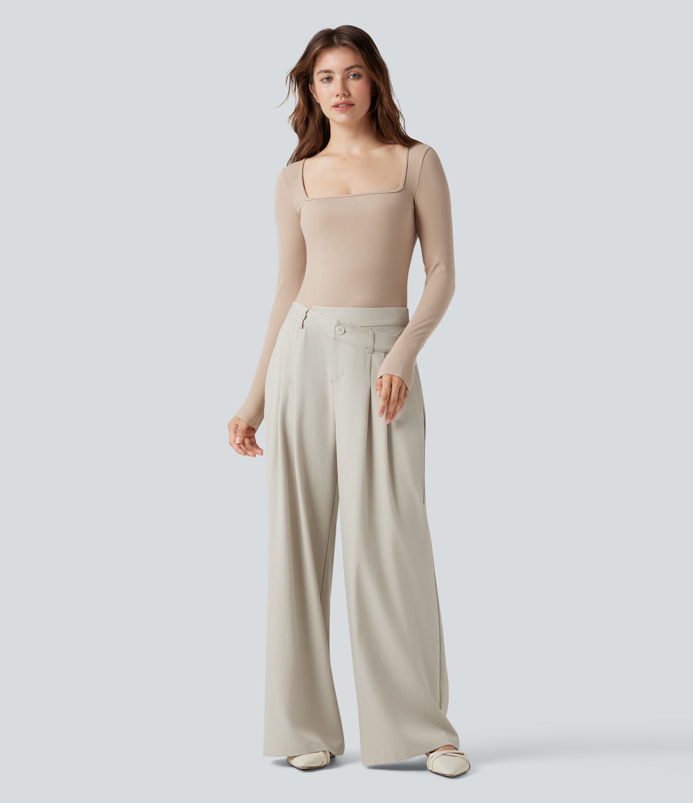 Pantalon tailleur large fluide anti-froissement taille haute croisé aspect lin avec poches