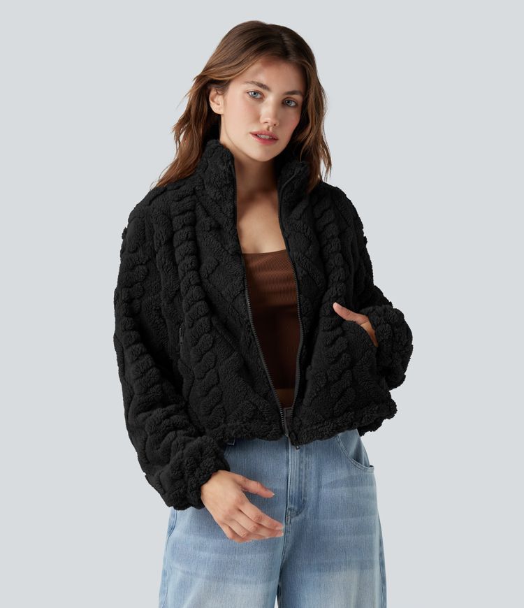 Veste sherpa col montant avec fermeture éclair et poches