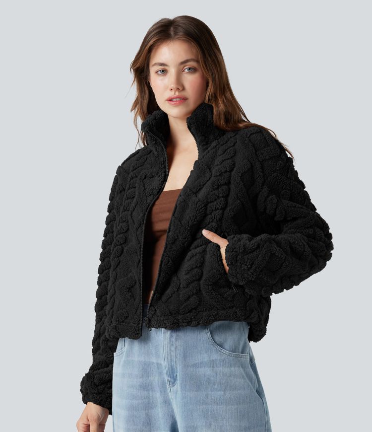 Veste sherpa col montant avec fermeture éclair et poches