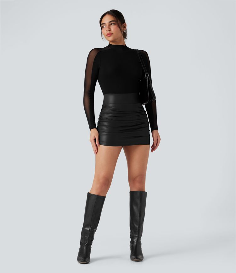 High Waisted Tummy Control Ruched Curved Hem 2-in-1 Fleece PU Mini Bodycon Skirt