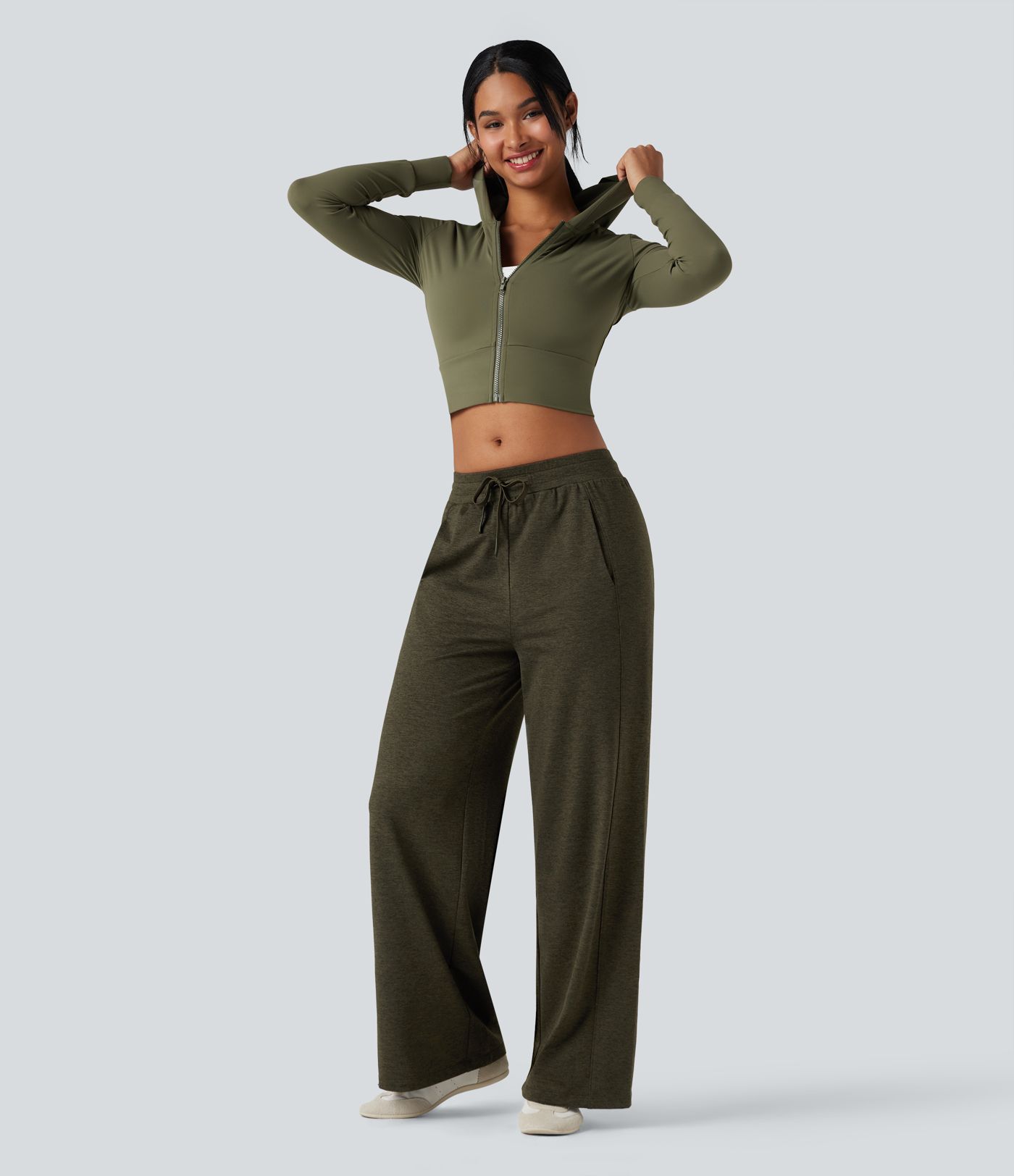 Pantalon jogging large thermique fluide chiné taille haute séchage rapide avec cordon de serrage et poches - UPF40+