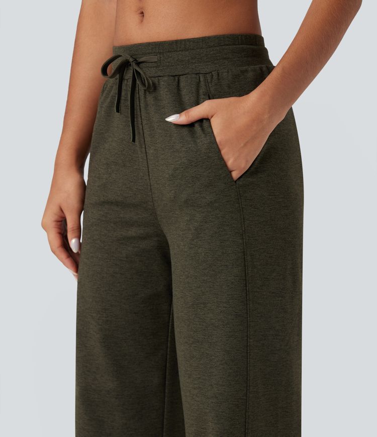 Pantalon jogging large thermique fluide chiné taille haute séchage rapide avec cordon de serrage et poches - UPF40+