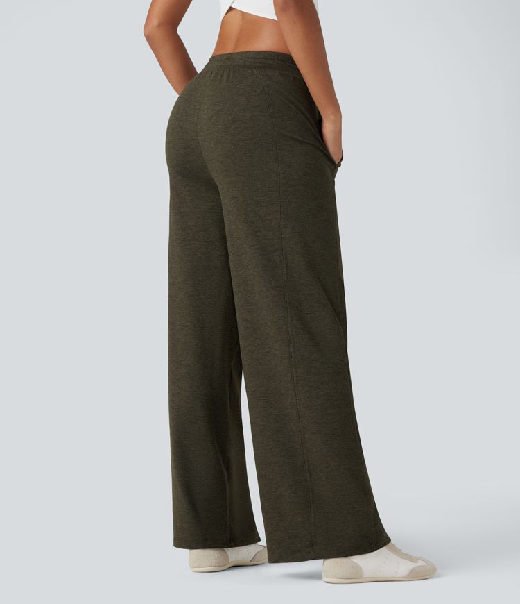 Pantalon jogging large thermique fluide chiné taille haute séchage rapide avec cordon de serrage et poches - UPF40+