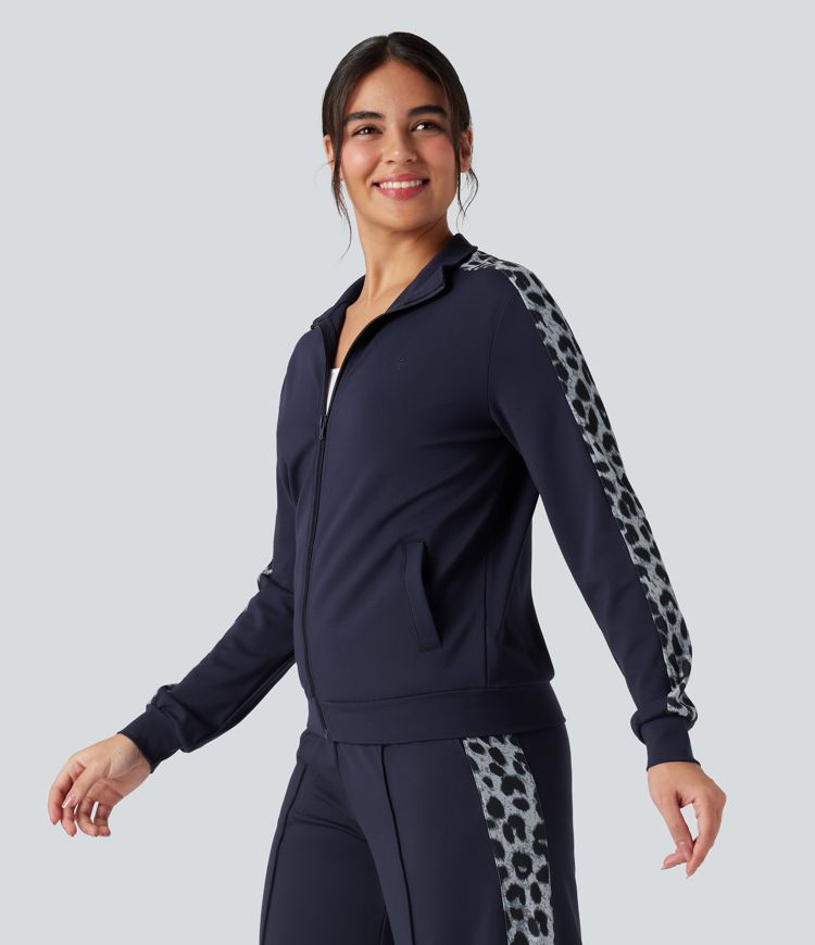 SculptKnit Stand Collar Contrast Leopard Casual Jacket with Pockets