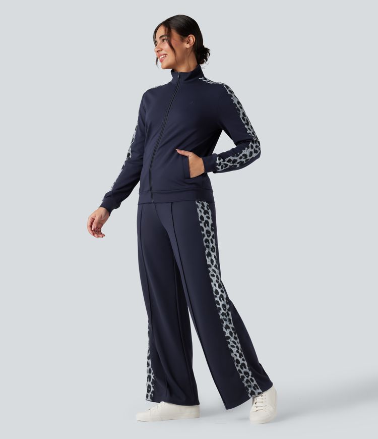 SculptKnit Stand Collar Contrast Leopard Casual Jacket with Pockets