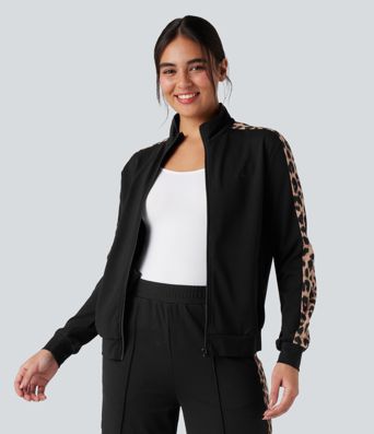 Chaqueta casual con cuello mao, estampado de leopardo en contraste y bolsillos