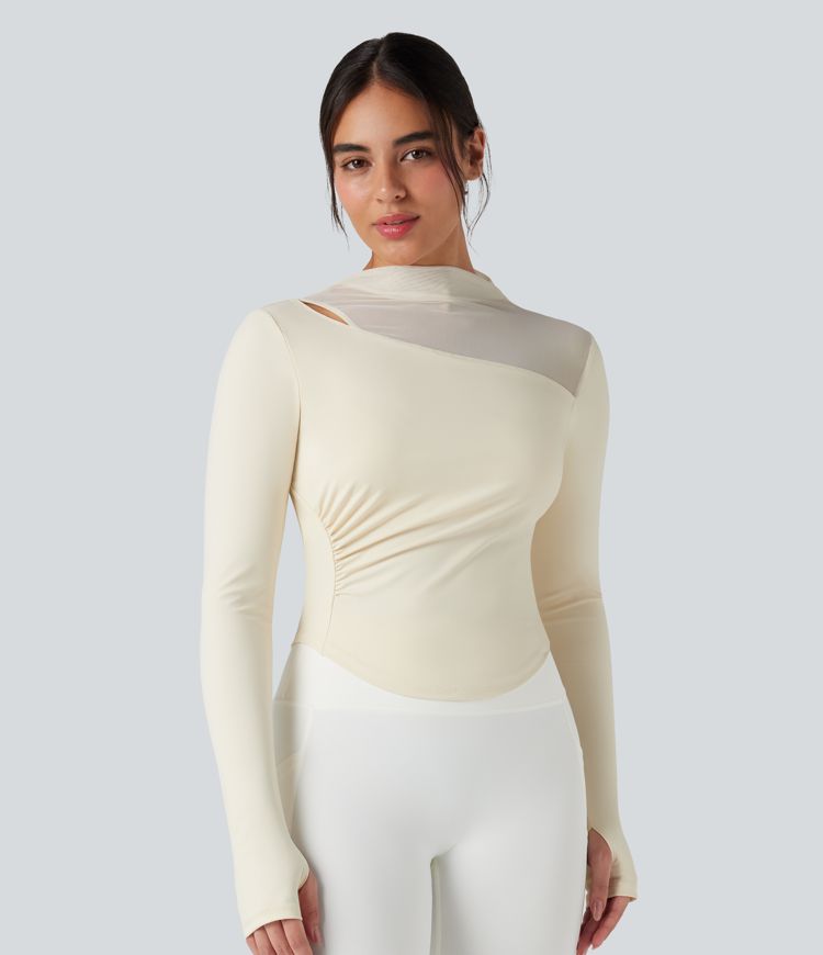 Top de sport yoga col montant mesh contrastant manches longues avec trous pouces