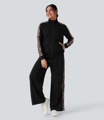 Chaqueta casual con cuello mao, estampado de leopardo en contraste y bolsillos