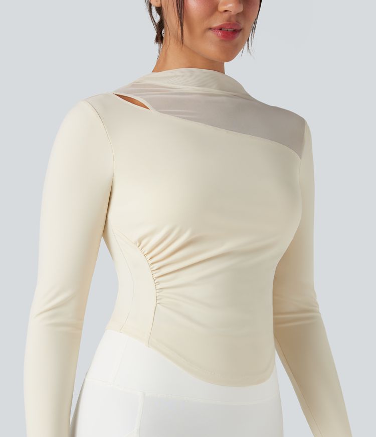 Top de sport yoga col montant mesh contrastant manches longues avec trous pouces