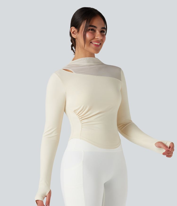 Top de sport yoga col montant mesh contrastant manches longues avec trous pouces