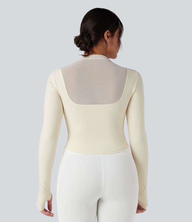 Top de sport yoga col montant mesh contrastant manches longues avec trous pouces