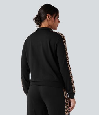 Chaqueta casual con cuello mao, estampado de leopardo en contraste y bolsillos
