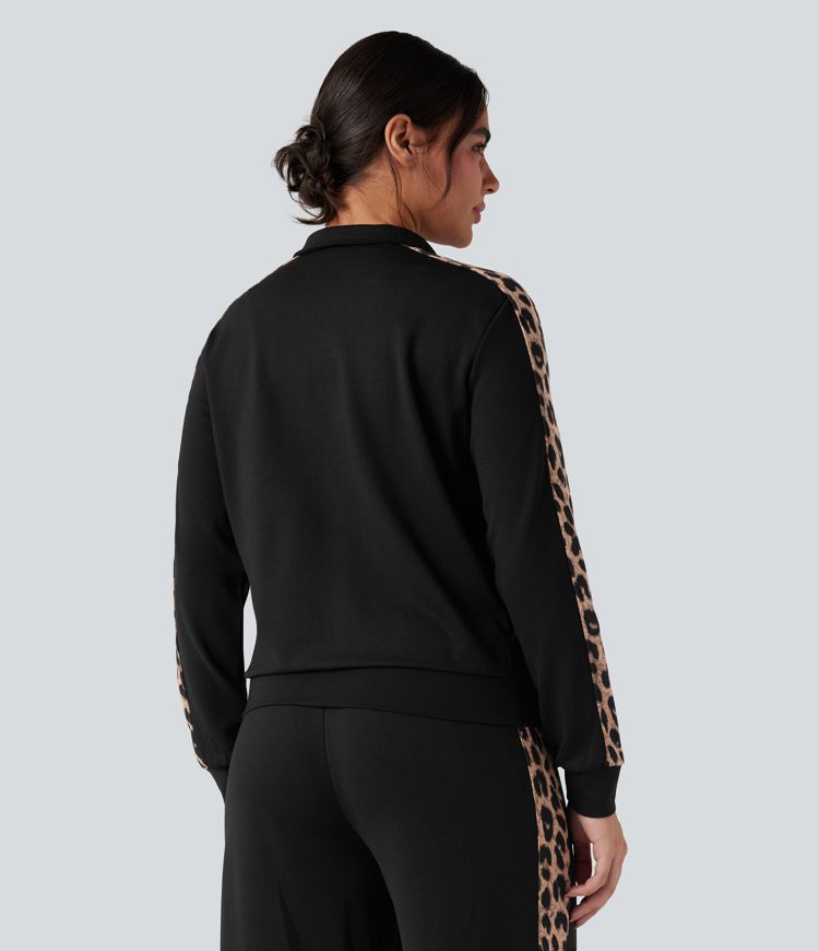 Chaqueta casual con cuello mao, estampado de leopardo en contraste y bolsillos