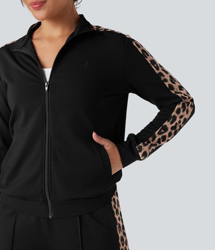 Chaqueta casual con cuello mao, estampado de leopardo en contraste y bolsillos