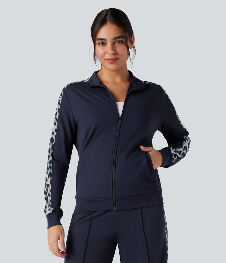 SculptKnit Stand Collar Contrast Leopard Casual Jacket with Pockets