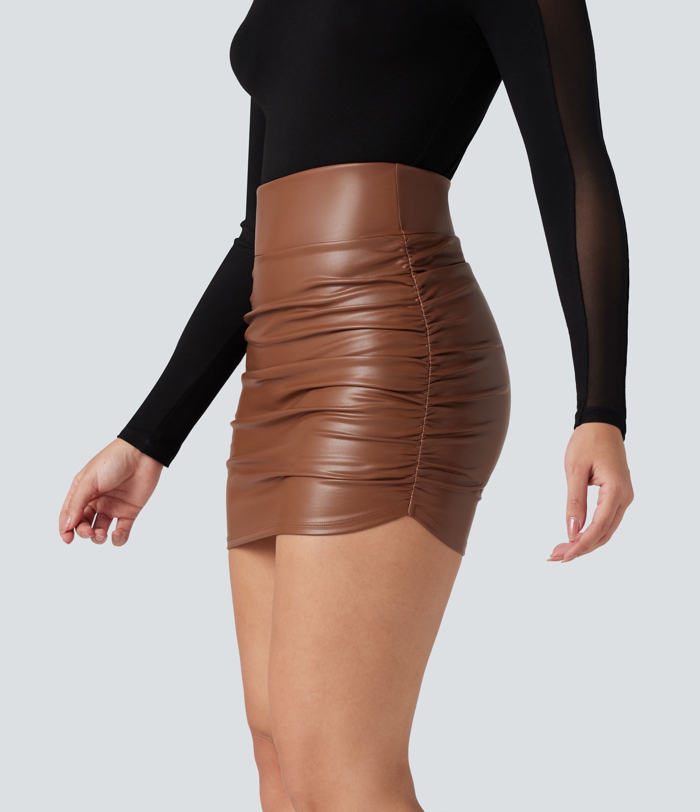 High Waisted Tummy Control Ruched Curved Hem 2-in-1 Fleece PU Mini Bodycon Skirt