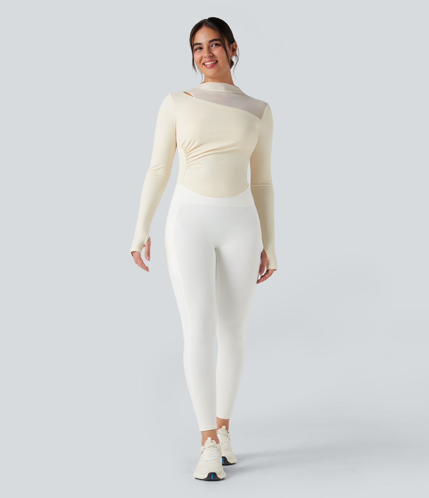 Top de sport yoga col montant mesh contrastant manches longues avec trous pouces