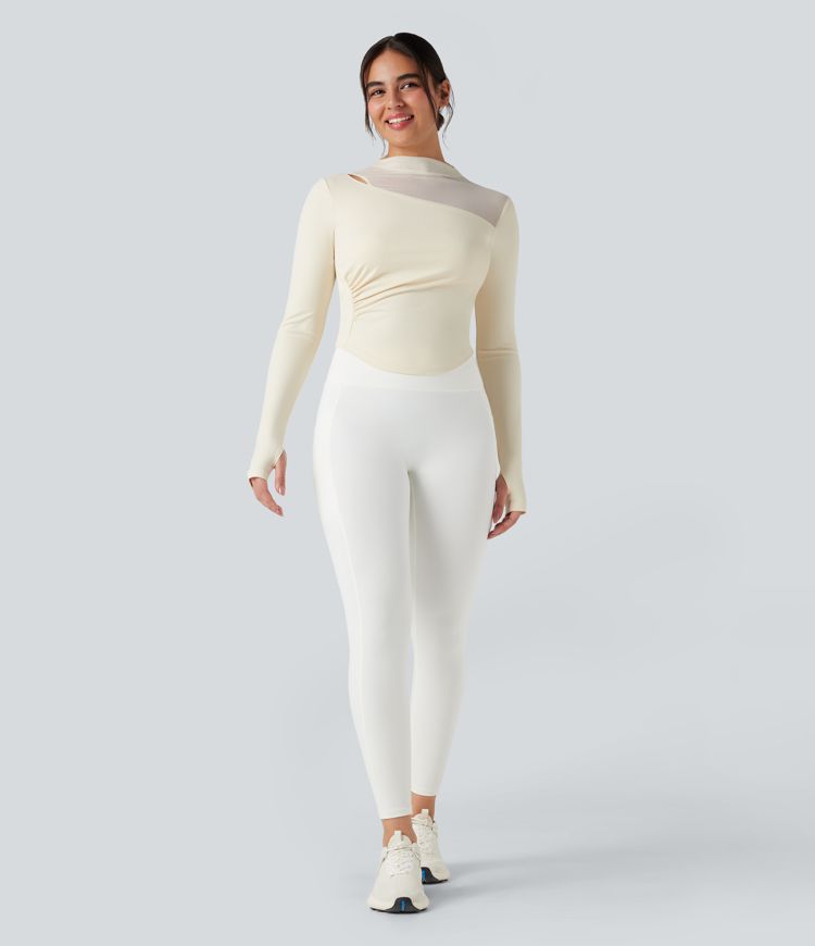 Top de sport yoga col montant mesh contrastant manches longues avec trous pouces